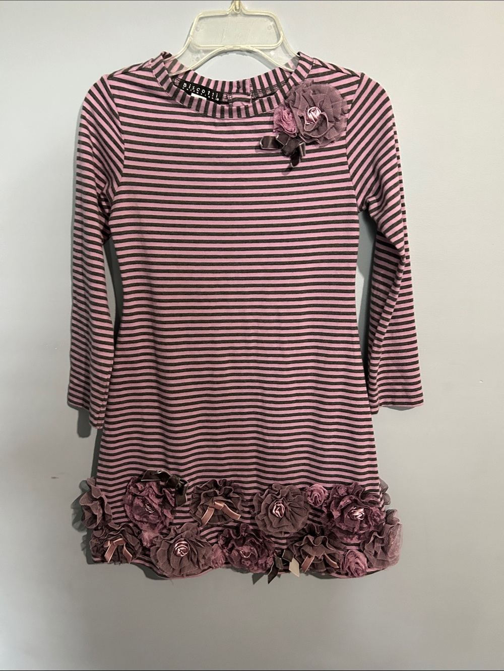 Biscotti Pink and Gray Striped Floral-Trim Dress